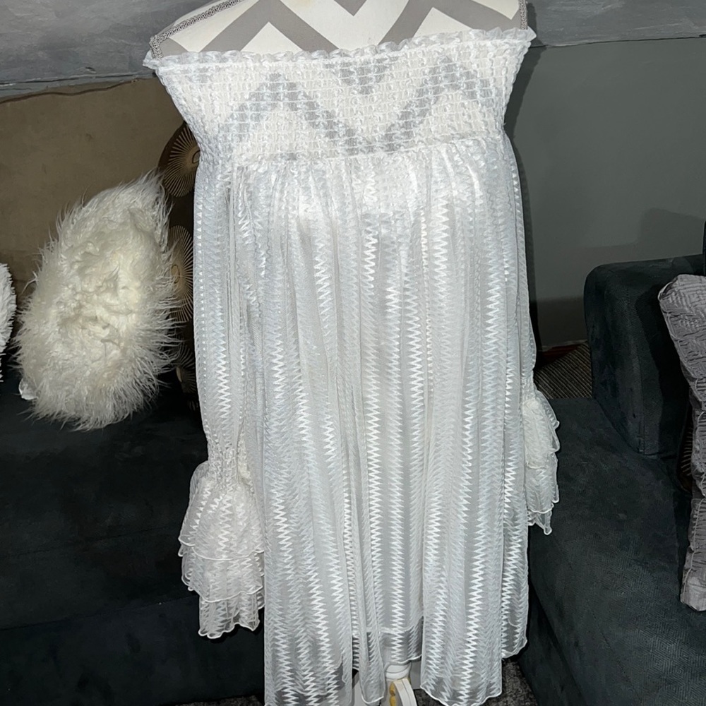 Mesh White Flowy Off the Shoulder Dress